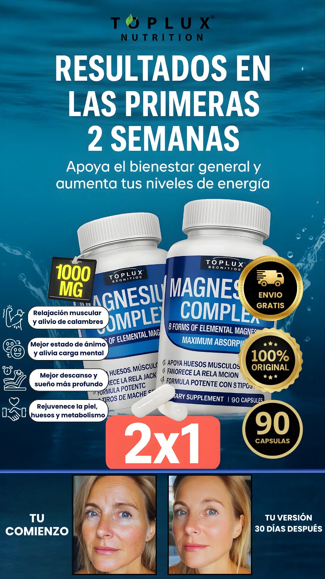 Magnesio 8 en 1 COMBO 2x1 - Ataca la flacidez y el cansancio.